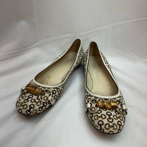 Gucci Women's Beige and Brown Canvas/Leather Horsebit Flats Shoes 9